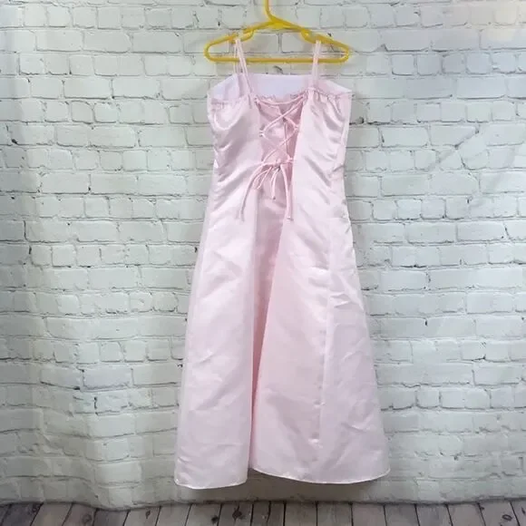 Pink Satin Flower Girl Dress Girls 8 Rhinestone Lace Up Formal Wedding Easter - Picture 7 of 12